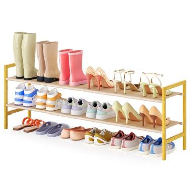 Imagem de LVNIUS Sapateira longa para piso de armário, organizador de prateleira de sapatos de 2 camadas largas, 15 a 18 pares de suportes de bambu para armário baixo, rack de armazenamento de sapatos moderno e