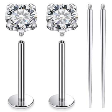 Imagem de Ruifan ASTM F136 titânio bochecha piercing barra jóias internamente rosca plana língua anéis transparente zircônia cúbica sólido titânio labret piercing corporal joias para mulheres homens 14G 19 mm