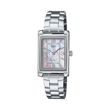 Imagem de Casio LTP-1234DS-4A Relógio feminino retangular padrão clássico de aço inoxidável com mostrador MOP rosa