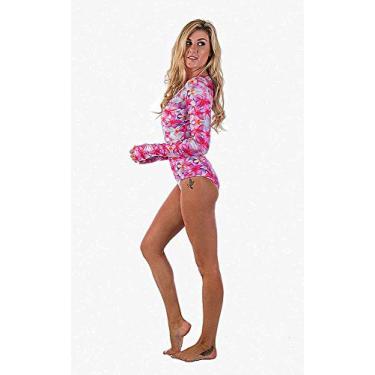 Imagem de Traje de banho de manga comprida com zíper Slipins SurfSkin Mini com proteção UV para surfe, natação, mergulho, snorkeling, esportes aquáticos, Plumeria, Large