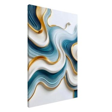 Imagem de PUREVACY Arte de parede abstrata azul e dourada para quarto, sala de estar ou escritório. Arte em tela de ondas fluidas. Decoração de casa moderna Orientação vertical 60 x 90 cm / 24 x 36 ″