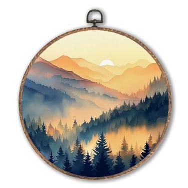 Imagem de Hxlac Aquarela Boho Sunset Scenery Round Wall Art Framed, Mountain Forest Round Wall Decor, Abstrato Pôr do Sol Natureza Paisagem Pendurada Esculturas de Parede para Decoração de Casa de Escritório