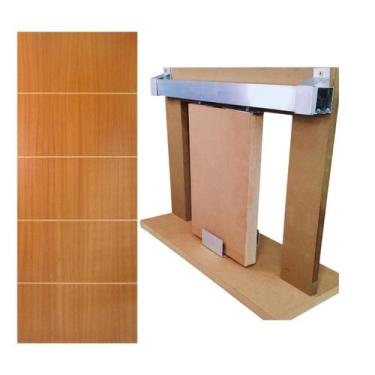Imagem de Kit Porta Madeira Frisada 4009  - 70x210 + Trilho Correr 1,40 Natural 