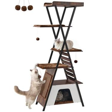 Imagem de FourFurPets Árvore para gatos de 183 cm, torre moderna para gatos internos, condomínio de vários níveis com cavernas, árvore alta para gatos com tábua de arranhar, torre de madeira para gatos com