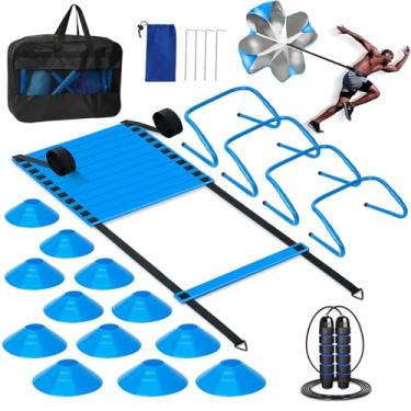 Imagem de YGORTECH Escada de Agilidade, Conjunto de Equipamento de Treinamento de Futebol, 4 Barreiras de Agilidade, Escada de Velocidade de 6 metros, Paraquedas de Corrida, 12 Cones de Futebol, Corda de Saltar