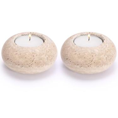 Imagem de OwnMy 2 peças de castiçais travertino tealight conjunto de castiçais de pedra decorativa, suportes de vela votiva travertino elegante para mesa de jantar, decoração de casa de casamento, 7,4 cm de