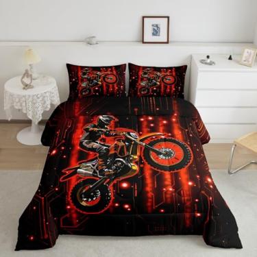 Imagem de meiyoeat Conjunto de edredom infantil de motocross, corrida, motocross, esportes radicais, respirável, vermelho, listrado, decoração de quarto