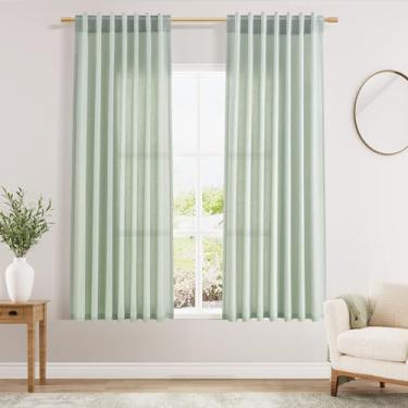 Imagem de Cortinas de linho verde-água 153 cm de comprimento, conjuntos de 2 painéis para sala de estar, quarto, varão bolso traseiro, filtro de luz, drapeado para janela de cozinha, cortina de privacidade