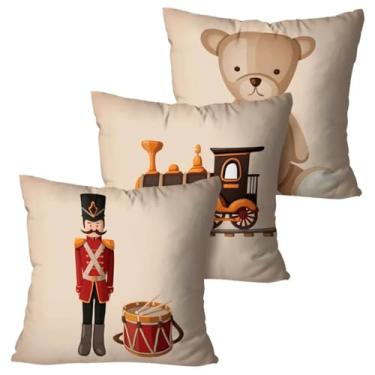 Imagem de Capa de Almofada Infantil Meninos Meninas kit de 4 Capas Decorativas 45cm x 45cm tecido Poliéster (Urso Soldadinho Trenzinho)