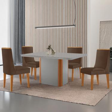 Imagem de Mesa de Jantar Isadora 120cm Tampo MDF Vidro com 4 Cadeiras Lisboa - Veludo Marrom/Off/Nat/Serig Off