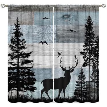 Imagem de Cortinas rústicas de veado da floresta, cabine, fazenda campestre chalé, tratamentos de janela de madeira, azul, marrom, alce, urso, veado, alce, animais selvagens, para sala de estar, quarto, 106 x