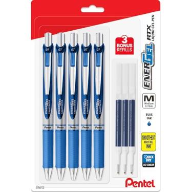 Imagem de Pentel Energel Canetas de tinta de gel líquido de 0,7 mm – Pacote com 5 canetas RTX Pentel azuis Deluxe com 3 refis
