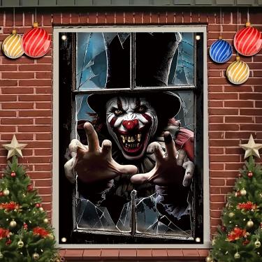 Imagem de Starlit Patio Capa de janela Halloween 128 x 78 cm faixa de palhaço assustador decoração de janela assustadora para casa assombrada interior exterior pôster de terror adereço de festa de doces ou