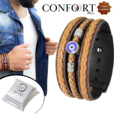 Imagem de Pulseira Ajustável De Couro Marrom Masculina Olho Grego Talismã Proteç