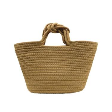Imagem de SHAREYOIU Bolsa de praia feminina vintage Boho feita à mão com alça superior de palha, Faw
