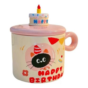 Imagem de Caneca de Porcelana Decorativa para Aniversário com Tampa de Miniatura de Bolo, Lembrancinha de Festa, Estampa de Gato Fofo, 360 ML, Presente Decoração de Escritório Mesa Cozinha (Rosa)