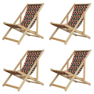 Imagem de Kit 4 Espreguiçadeiras Preguiçosa Dobrável sem Braço Madeira Maciça com Tecido Colorido