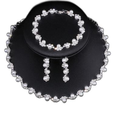 Imagem de Conjunto Colar Brinco Pulseira Strass Pérola Noiva Festa