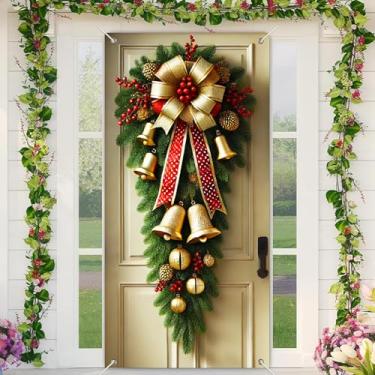 Imagem de BlissYard Capa dourada para porta de sino, faixa de Natal de 188 x 89 cm, para decoração interna e externa, grande guirlanda pendurada, pano de fundo com fita de frutas vermelhas, ramos de pinheiro