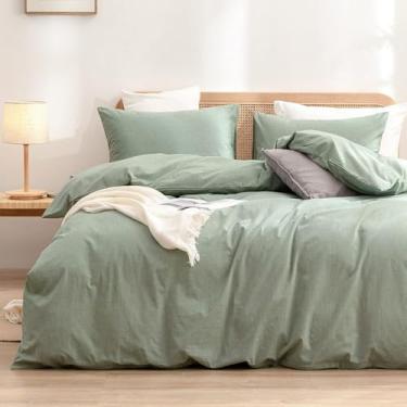 Imagem de BESTOUCH Conjunto de capa de edredom 100% algodão lavado e linho, super macio, confortável, chique, leve, 3 peças, conjunto de cama para casa, verde sólido, grande, casal