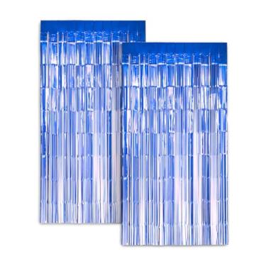 Imagem de Zink Pacote com 2, pano de fundo de cortina de alumínio azul de 9,5 m x 1,8 m - Streamers de estanho para cabine de fotos, festas de aniversário, casamento, formatura, decorações de férias