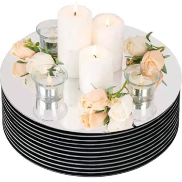 Imagem de Pacote com 8 peças centrais redondas espelhadas para decoração de mesas, bandeja de espelho circular de acrílico de 25,4 cm, placa de vela, decoração de mesa para decoração de casamento, festa