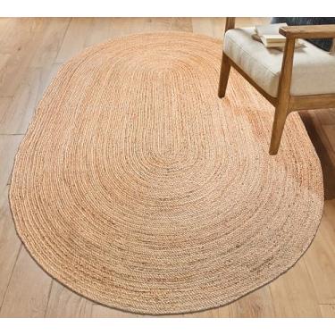 Imagem de Chardin home Tapete trançado de juta natural à mão – oval de 1,8 x 2,5 m | Tapete reversível boho vintage para sala de estar, quarto, área de jantar, entrada | Revestimento de piso de fibra natural