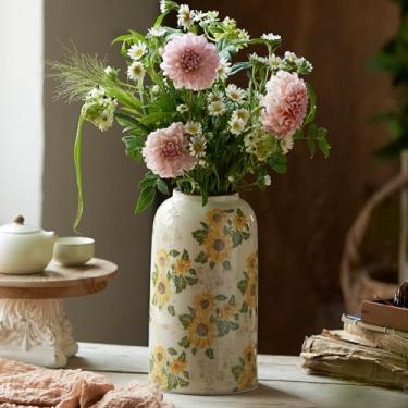 Imagem de Levvohd Vaso de cerâmica vintage de girassol, vasos florais amarelos chinoiserie, vasos de flores antigos rústicos rachados no gelo para quarto moderno, prateleira de banheiro, decoração de casa de