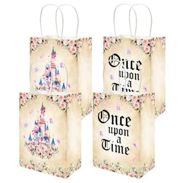 Imagem de Lofaris Sacos de embrulho para presente 16 peças - Era uma vez design de conto de fadas, castelo rosa e lembrancinhas florais com alças, sacolas de presente para aniversário, chá de bebê, casamento