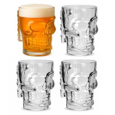 Imagem de Kit 4 Canecas Caveira Vidro 510ml Com Alça Rock Chopp Cerveja Copo Res