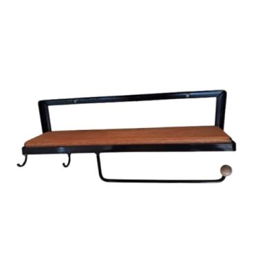 Imagem de Prateleira De Um Andar Com Porta Papel Toalha E Suporte Para Xícaras Em Ferro E Madeira