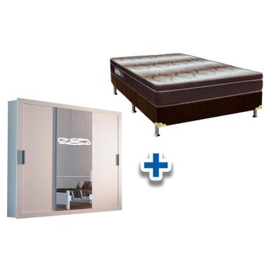 Imagem de Cama Box Casal + Colchão Light Ortobom + Guarda Roupa Veneza Luxo Branco