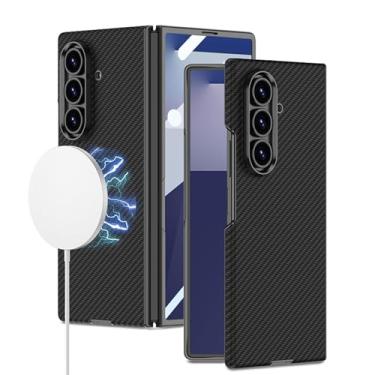 Imagem de POYUFRG Capa magnética para Samsung Galaxy Z Fold 7, capa fina de couro com padrão de fibra de carbono com capa de proteção de tela de vidro temperado, preta, Z Fold 7