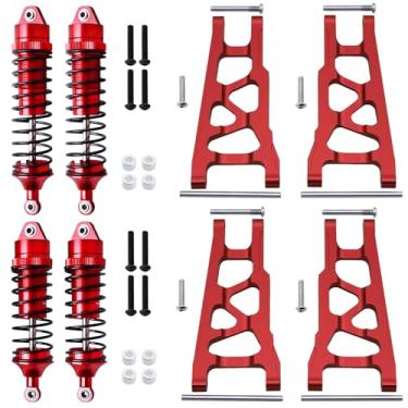 Imagem de HobbyPark Conjunto de braços de suspensão de alumínio dianteiro e traseiro e amortecedor de metal completo montado para traxxas Slash 1/10 4 Hop-ups, substituição de 3655x 5862 (vermelho)