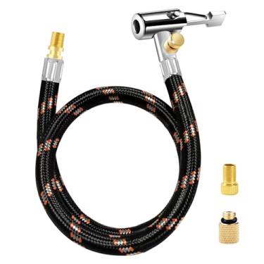 Imagem de GODESON Adaptador de mangueira de inflador de pneu de 50,8 cm e porca de conversão, mandril de ar com botão de liberação e adaptador de válvula Presta, adaptador de válvula Schrader para torção da