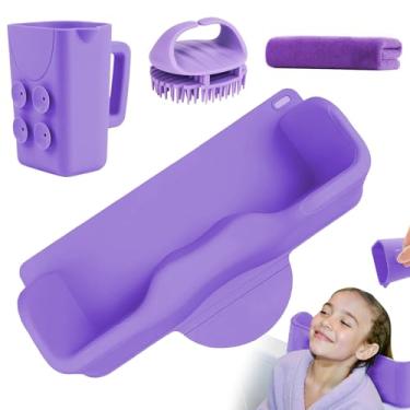 Imagem de Vurlexat Estação de lavagem de cabelo portátil para crianças, lavatório de cabelo de silicone com ventosa de enxágue, tigela de xampu sem rasgos com toalha absorvente e escova de massagem de xampu