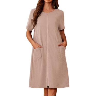 Imagem de Roupão de banho Ekouaer Zipper Waffle Knit de manga curta para mulhere