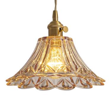 Imagem de ZAUKNYA Luzes pendentes ilha de cozinha, iluminação pendente de vidro flor âmbar, latão dourado vintage ajustável pequena luz suspensa para cozinha ilha sala de jantar quarto corredor (flor-âmbar)