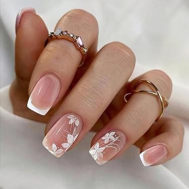 Imagem de Unhas postiças quadradas, brancas, com ponta francesa, prensa rosa, cobertura completa, cola nas unhas com flor branca, design de unhas postiças, para mulheres e meninas, arte de manicure, 24 peças
