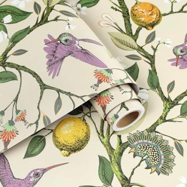 Imagem de Decotalk Papel de parede floral de frutas descasque e cole papel de parede vintage de pássaro para quarto, banheiro, cozinha, 44,5 x 304,8 cm, papel de parede chinoiserie removível, papel de contato