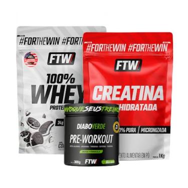Imagem de FTW Kit Whey Protein 100% Concentrado 1kg + Creatina Monohidratada 1kg + Pré-Treino Diabo Verde 300g Sabor Maçã Verde (1KG, Cookies)