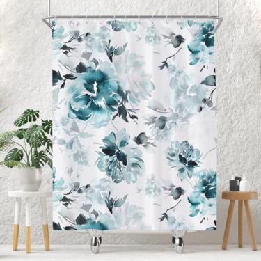 Imagem de EOVDSFW Cortina de chuveiro floral azul-petróleo para banheiro, linda flor turquesa azul cottagecore arte aquarela banho 152 x 182 cm tecido de poliéster decorativo decoração de casa com 12 ganchos
