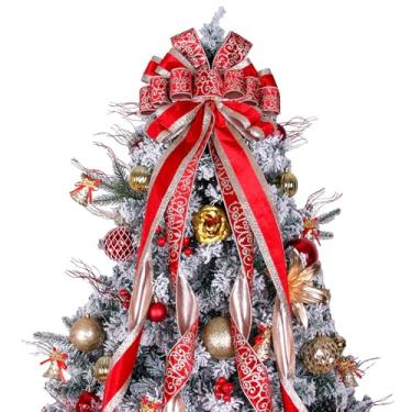 Imagem de Topper de árvore de Natal, arco de guirlanda, grande, enfeite de árvore de Natal, 132 x 33 cm, flor de gelo vermelha, veludo com gancho, laços de presente para Natal, Natal, casa, casamento, ação de