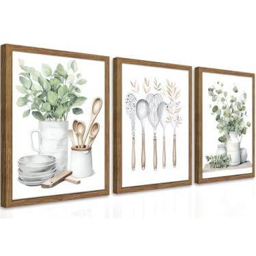 Imagem de Conjunto de 3 arte de parede em tela de cozinha verde sálvia - arte de decoração de parede de folhas de eucalipto minimalistas emolduradas, arte de decoração de parede de sala de jantar moderna para