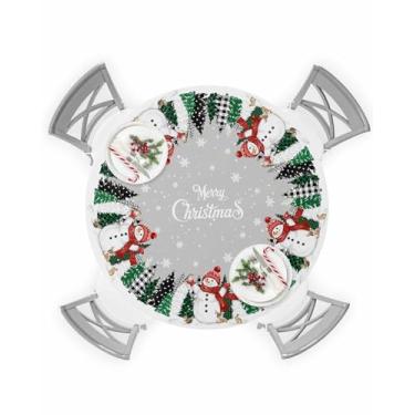 Imagem de Toalha de mesa redonda de boneco de neve de Natal vermelho com borda elástica, xadrez preto, árvore de Natal, floco de neve, cinza, à prova de óleo, à prova de óleo, para festas, piqueniques, mesas