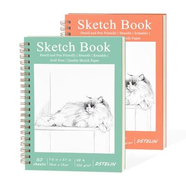 Imagem de DSTELIN Conjunto de mini caderno de desenho de capa dura de 19 x 13 cm, 2 peças, encadernação em espiral, 50 folhas de desenho sem ácido cada, capas rosa e verde, ideal para iniciantes a profissionais