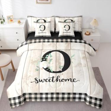 Imagem de Jogo de cama solteiro com letras alfabeto O, 7 peças, xadrez, rústico, bege, para adolescentes, meninas, mulheres, flores rústicas, floral, conjunto de cama de madeira, porta de celeiro, casa de