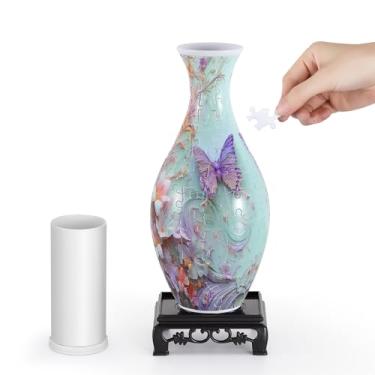 Imagem de wowsome Vaso de quebra-cabeça 3D para adultos, vaso de quebra-cabeça para mulheres, pote de arte 3D para arranjos de flores de casa e decoração de casa (borboleta rosa)