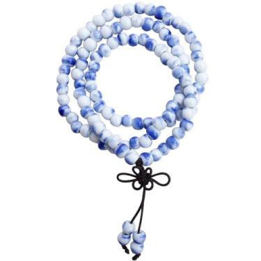 Imagem de Zlanderah Pulseira feminina azul e branca com contas de cerâmica Boho com 108 contas japonesas, colar gargantilha com contas boêmias, joias hippie, presentes para mulheres