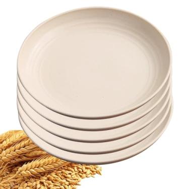 Imagem de YuanQ Conjunto de pratos de jantar com 5 peças, inquebrável, reutilizável, leve, placa de borda lisa, lavável na lava-louças e no micro-ondas (bege, 30 cm)